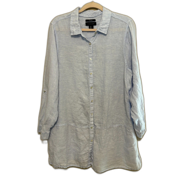 Tahari 100% Linen Button Up Tunic Top Womens 1X Blue Roll Tab Sleeve Coastal - Picture 1 of 7